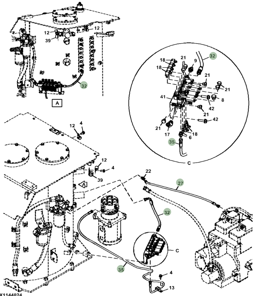 Hitachi ZX470LC-5G installation diagram showing hydraulic hose 4321287 at Pipe No. 27