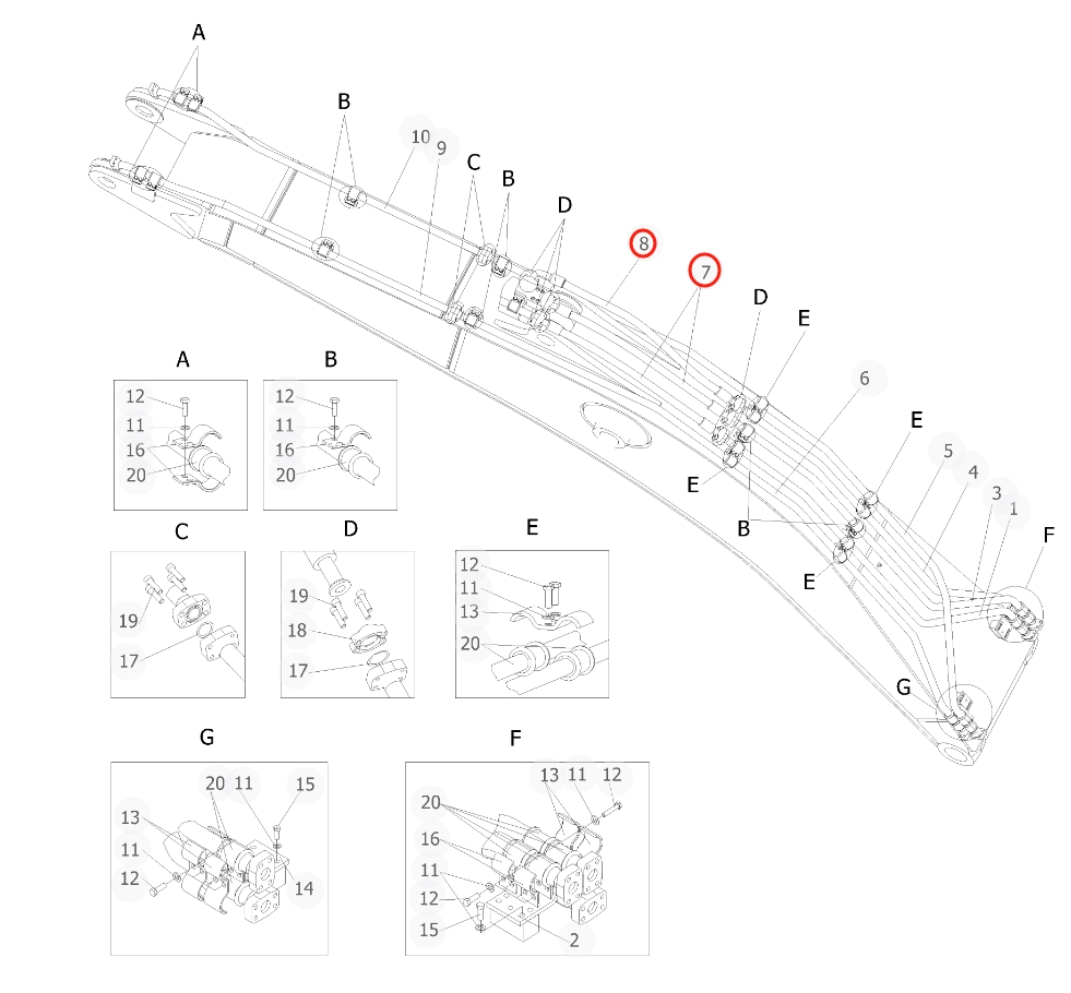 Sunward SWE500E-3 installation diagram showing hydraulic hose 730501004542 at Pipe No. 7