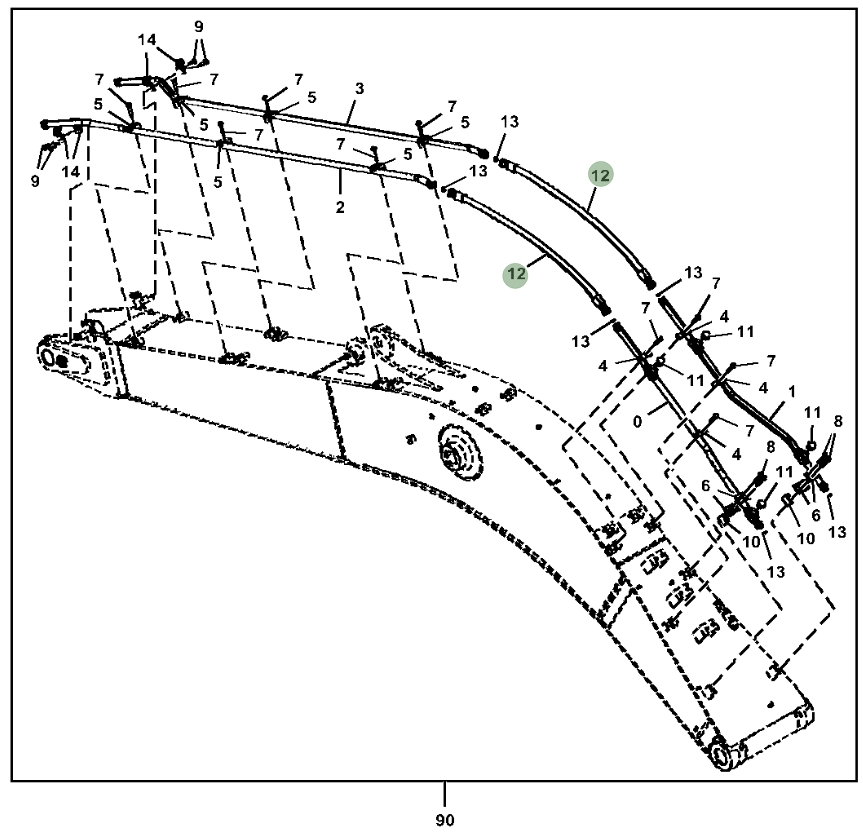 Hitachi ZX230W-5N installation diagram showing hydraulic hose 4649213 at Pipe No. 12