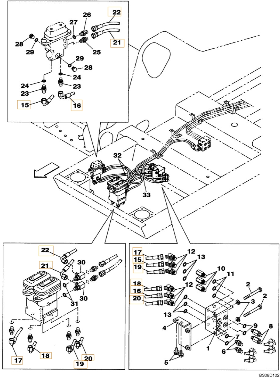 Case CX350B installation diagram showing hydraulic hose KHJ2181 at Pipe No. 17
