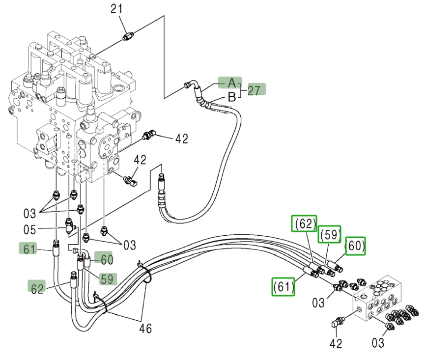 Hitachi ZX370 installation diagram showing hydraulic hose 4456553 at Pipe No. 62