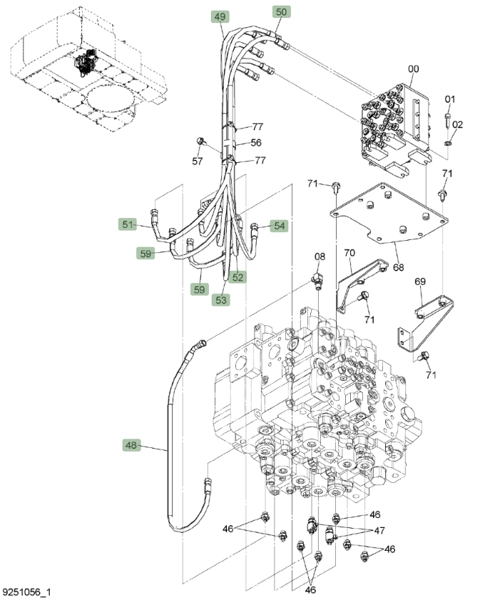 Hitachi ZX450LC-3 installation diagram showing hydraulic hose 4634371 at Pipe No. 52