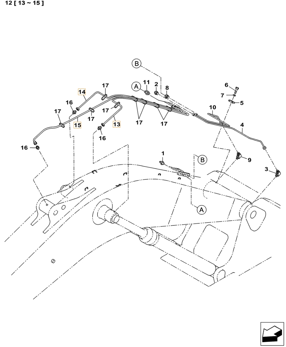 Case CX500C-8 LC ME installation diagram showing hydraulic hose KHJ2082 at Pipe No. 14