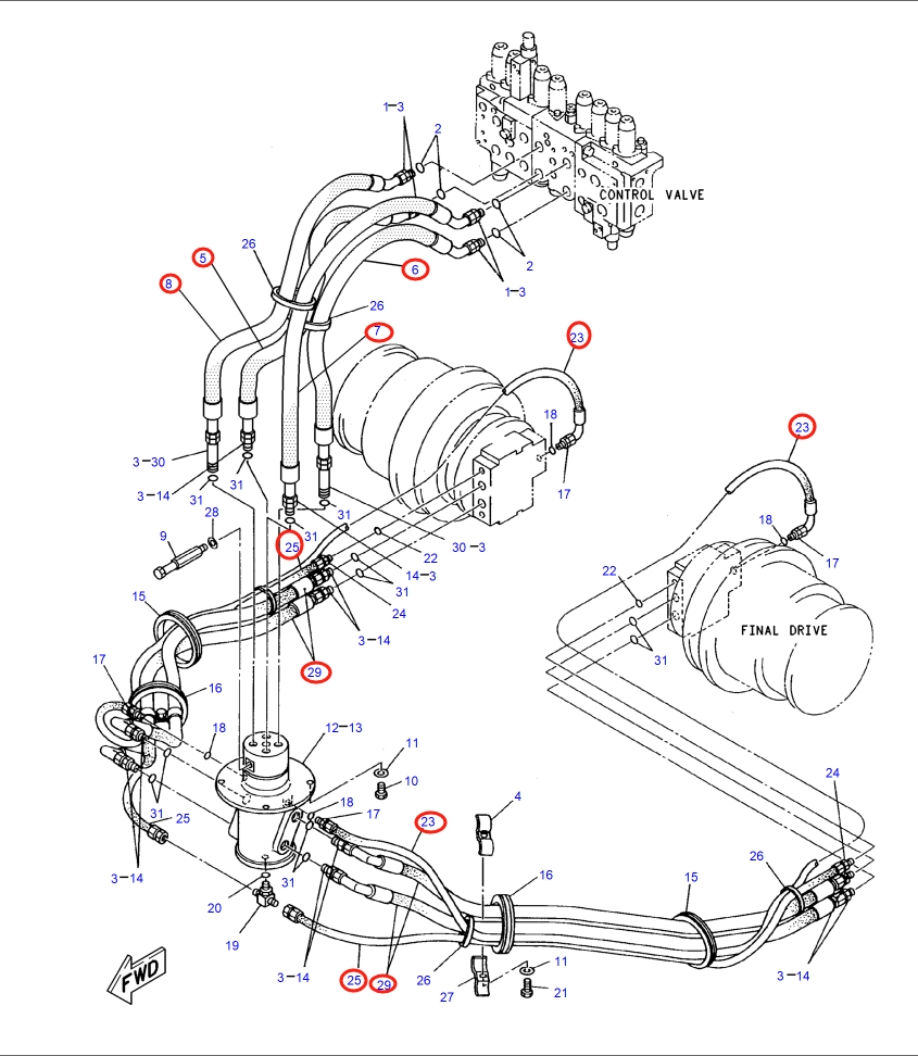 Caterpillar CAT®317-A N installation diagram showing hydraulic hose 5I-3127 at Pipe No. 25
