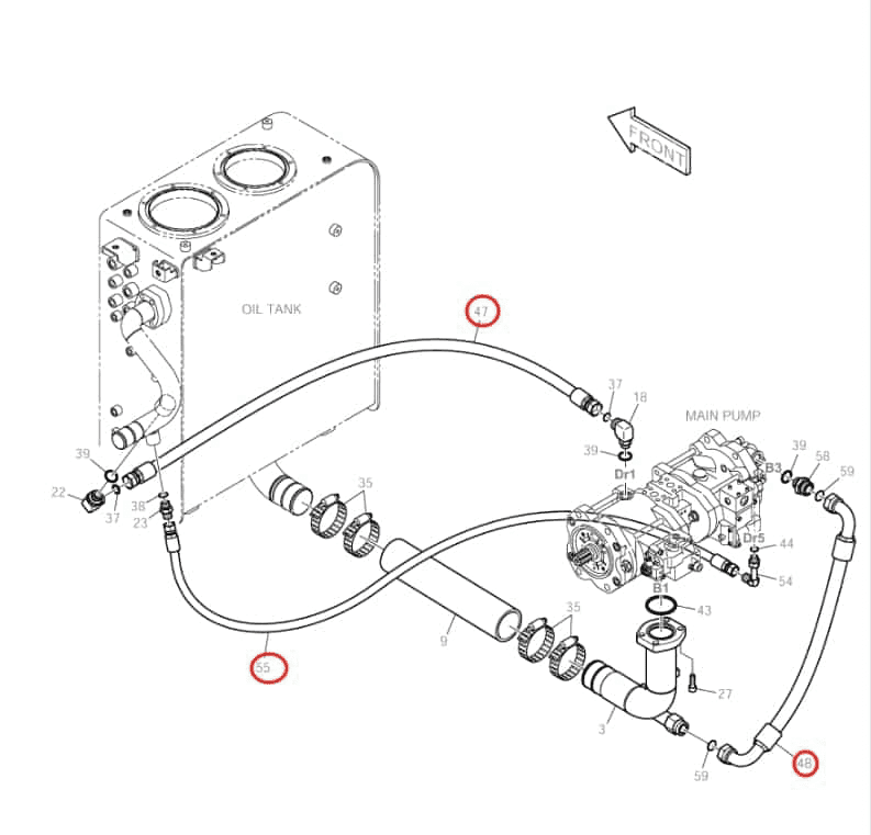 Doosan DX160LC installation diagram showing hydraulic hose DS2023318 at Pipe No. 48
