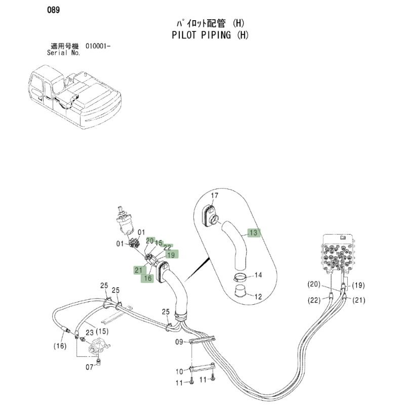 Hitachi ZX230 installation diagram showing hydraulic hose 4443896 at Pipe No. 19