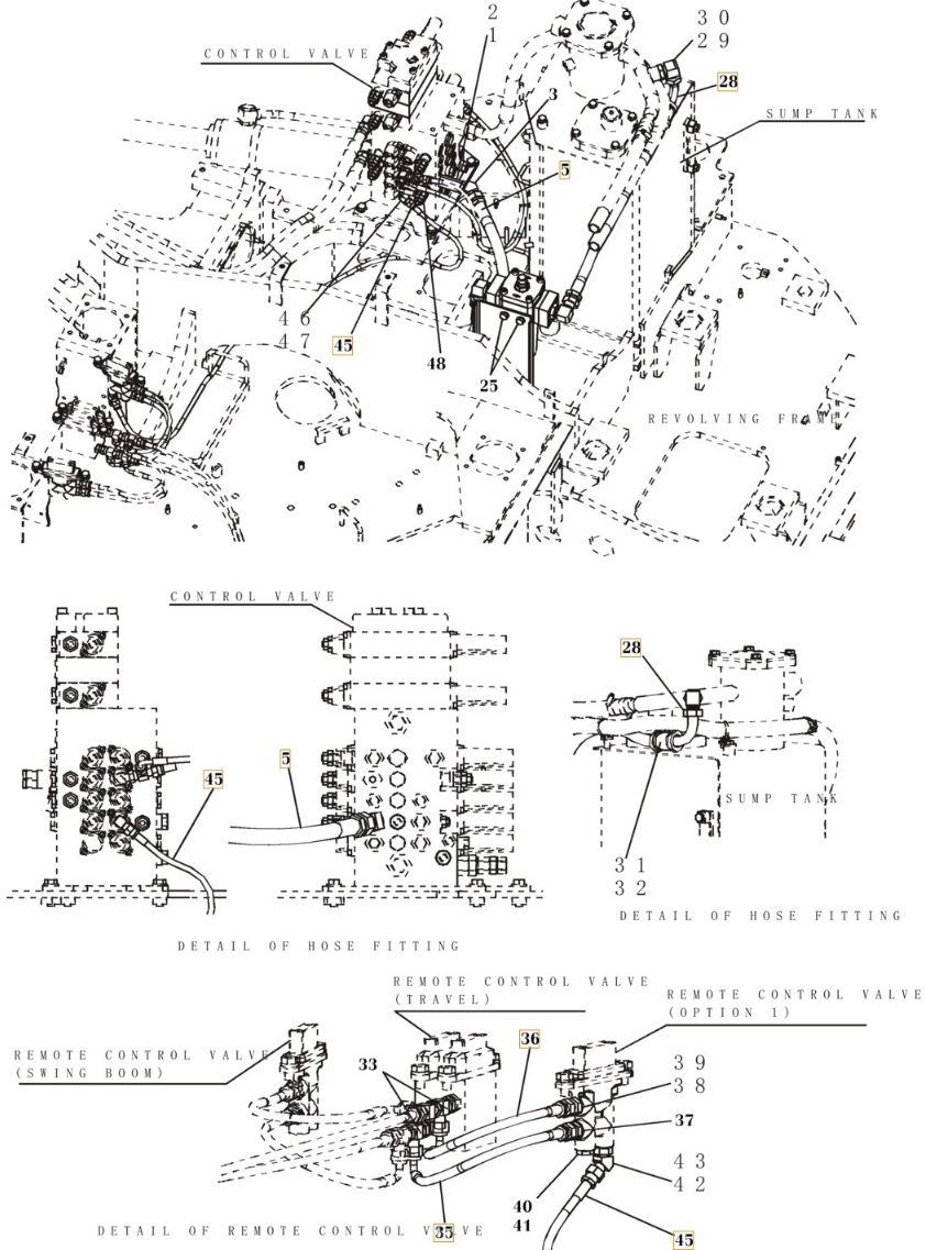 Case CX80 installation diagram showing hydraulic hose KHJ2084 at Pipe No. 35