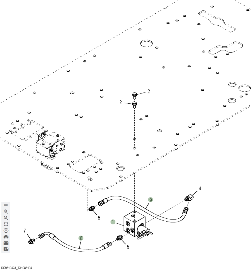Hitachi ZX870LC-5G installation diagram showing hydraulic hose 4709482 at Pipe No. 9