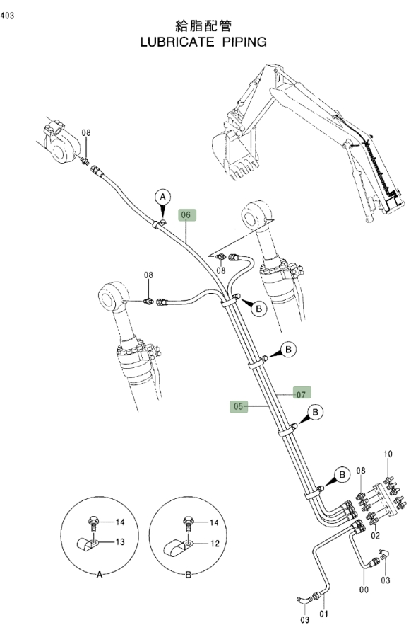 Hitachi EX200LC-5 installation diagram showing hydraulic hose 4218064 at Pipe No. 6