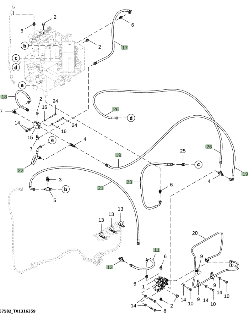 Hitachi ZX350LC-6N installation diagram showing hydraulic hose 4452734 at Pipe No. 18