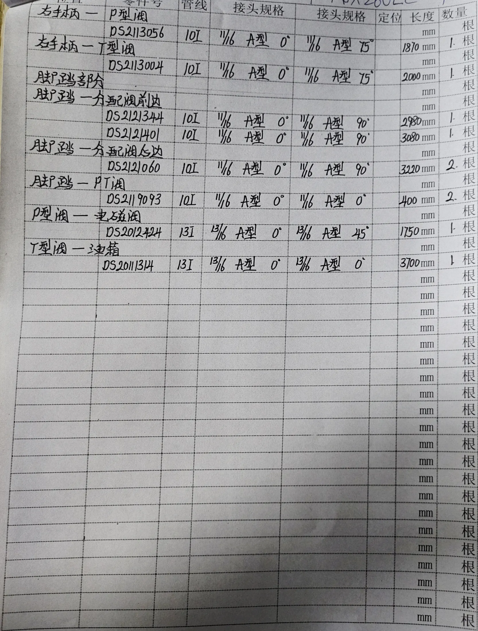 Doosan DX260LC-9C hydraulic hose part numbers and recorded lengths — technician notebook page 5 of 5