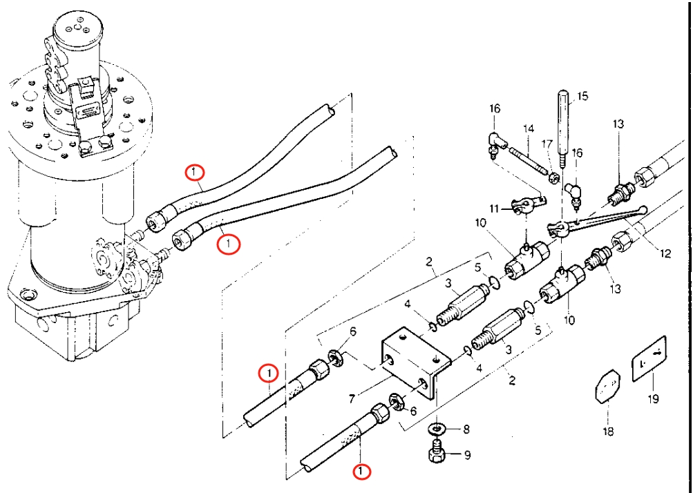 Caterpillar CAT®214B installation diagram showing hydraulic hose 8U-1624 at Pipe No. 1