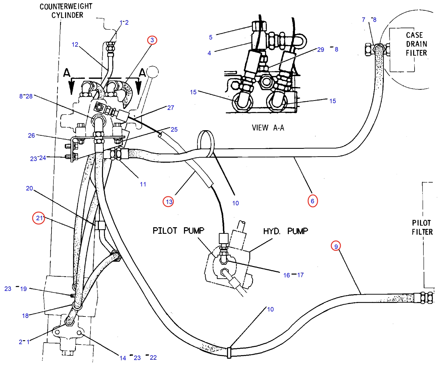 Caterpillar CAT®245B installation diagram showing hydraulic hose 5V-4045 at Pipe No. 13
