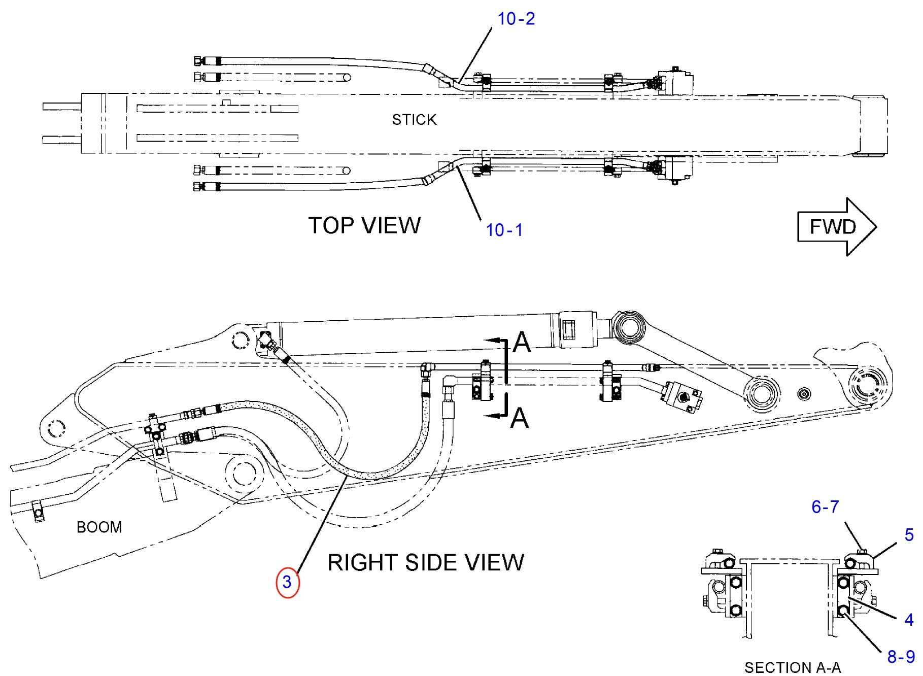 Caterpillar CAT®311C installation diagram showing hydraulic hose 210-9966 at Pipe No. 3