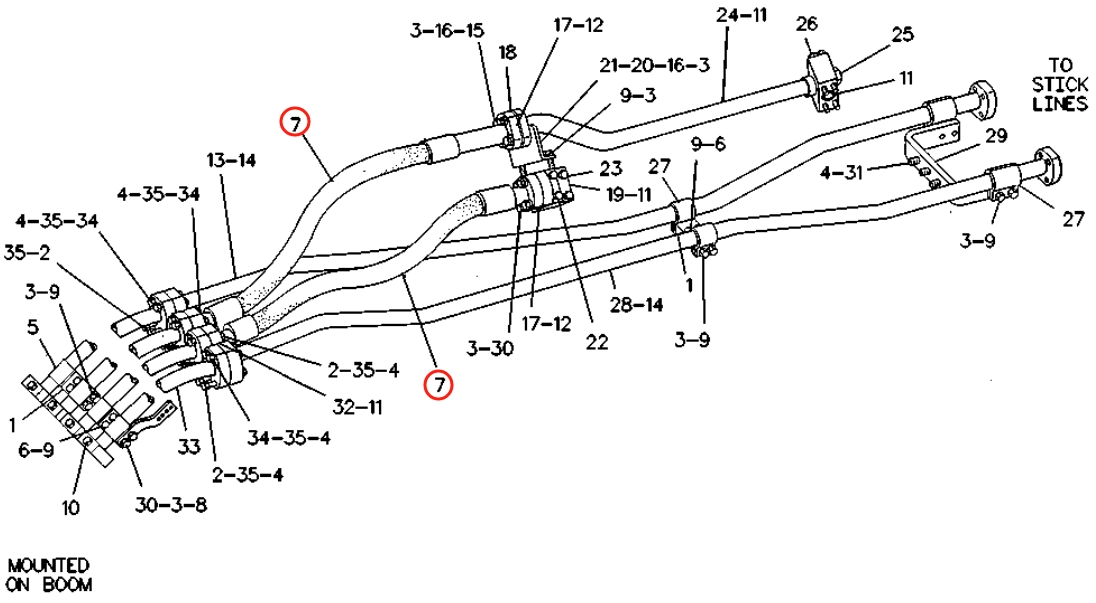 Caterpillar CAT®229 installation diagram showing hydraulic hose 8K-3209 at Pipe No. 7