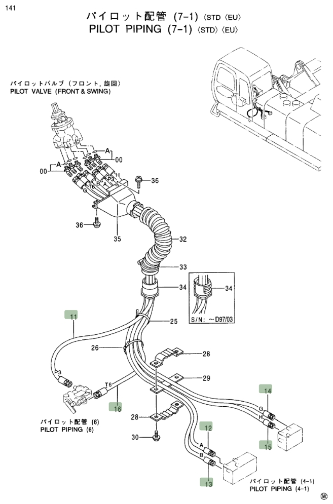 Hitachi EX750-5 installation diagram showing hydraulic hose 4333580 at Pipe No. 16