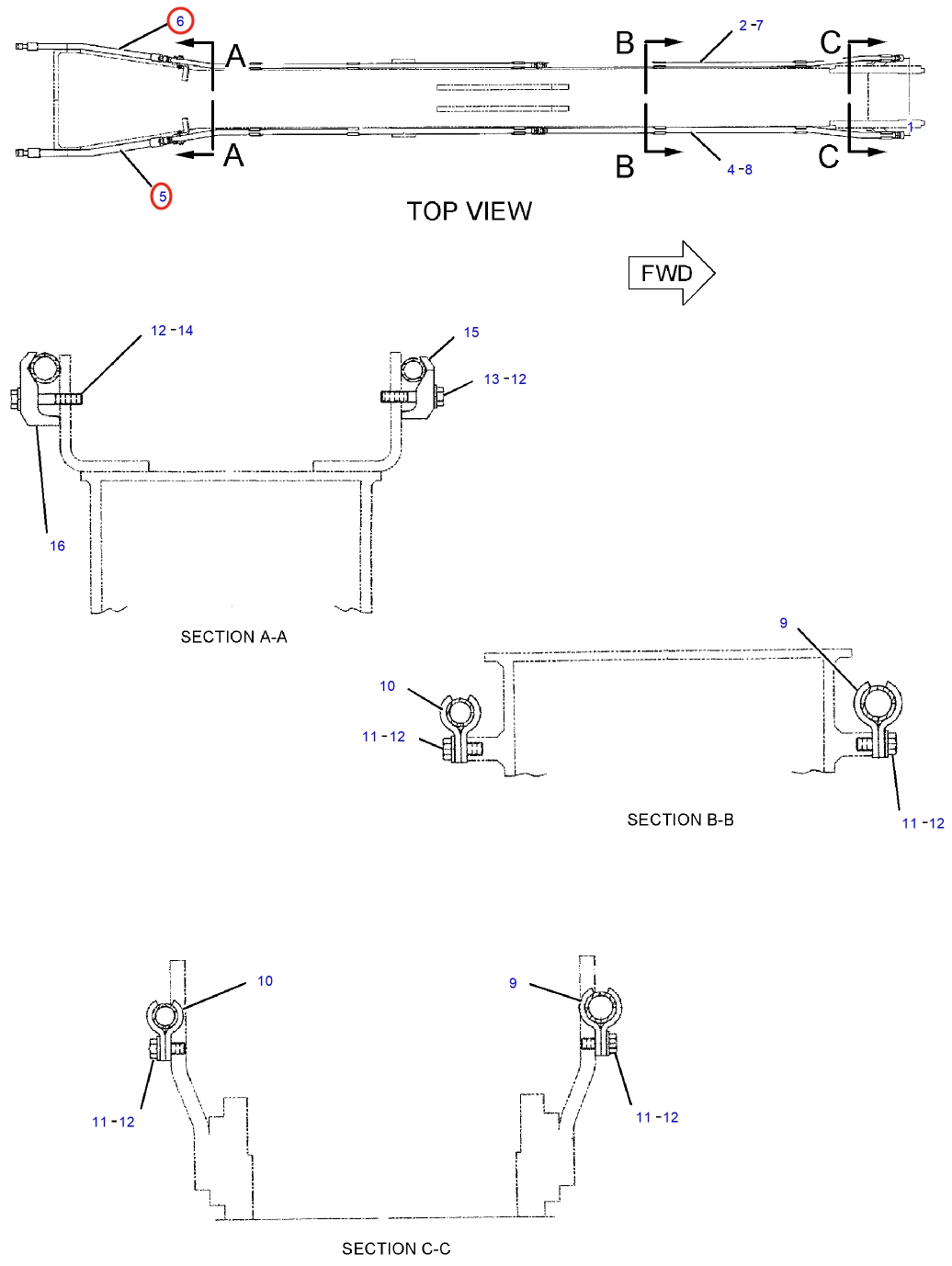 Caterpillar CAT®315C installation diagram showing hydraulic hose 197-2295 at Pipe No. 5