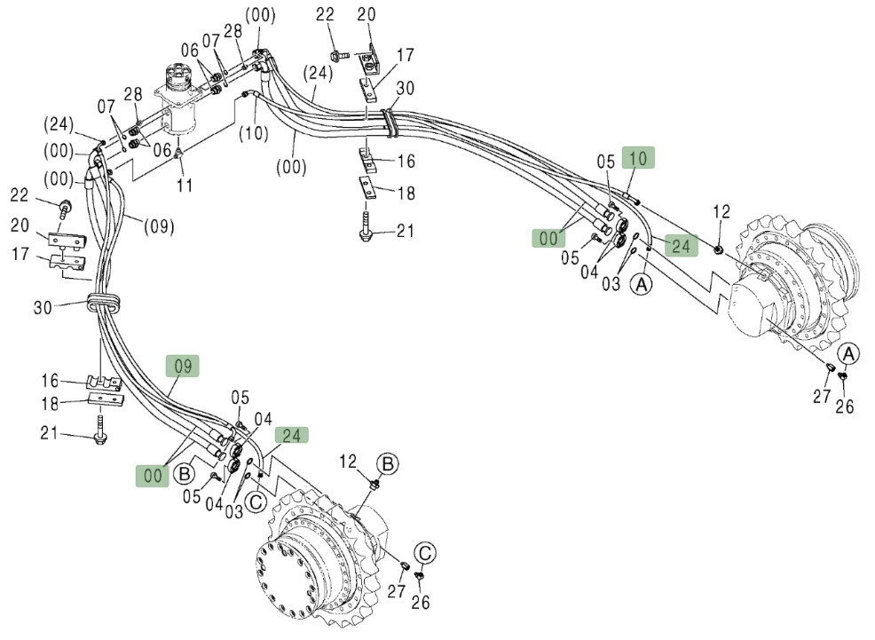 Hitachi ZX450LC installation diagram showing hydraulic hose 4295191 at Pipe No. 24