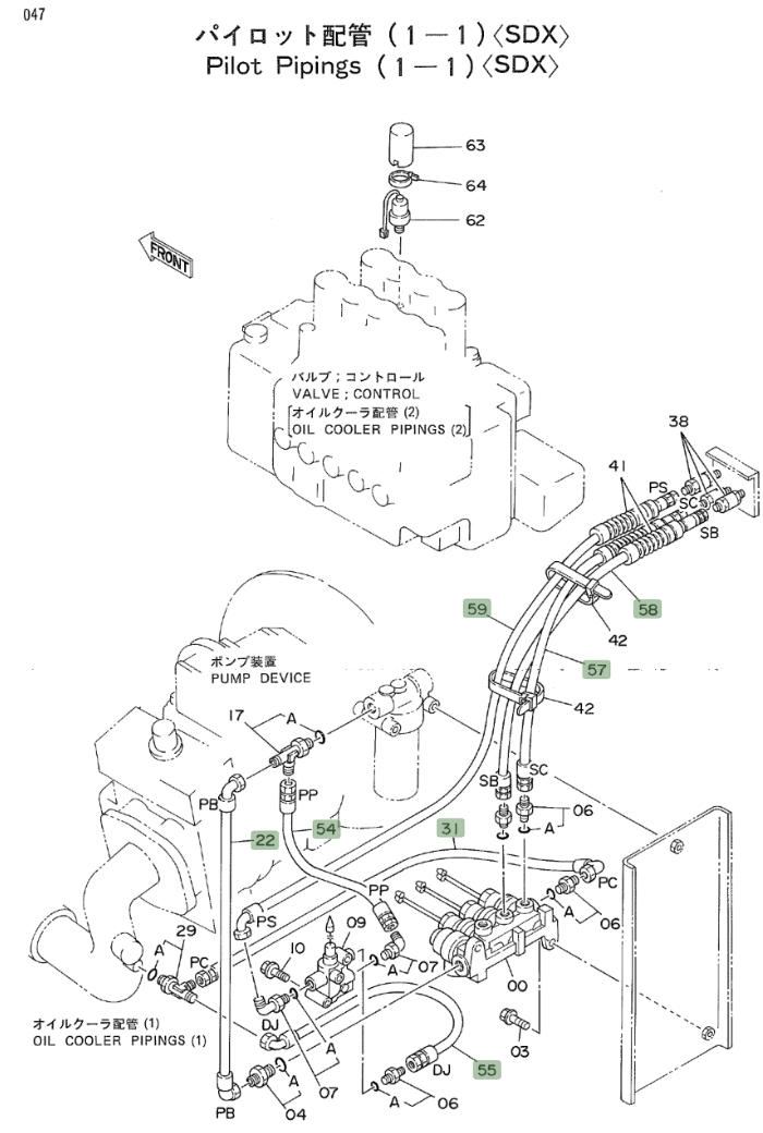 Hitachi EX160WD installation diagram showing hydraulic hose 4239796 at Pipe No. 55