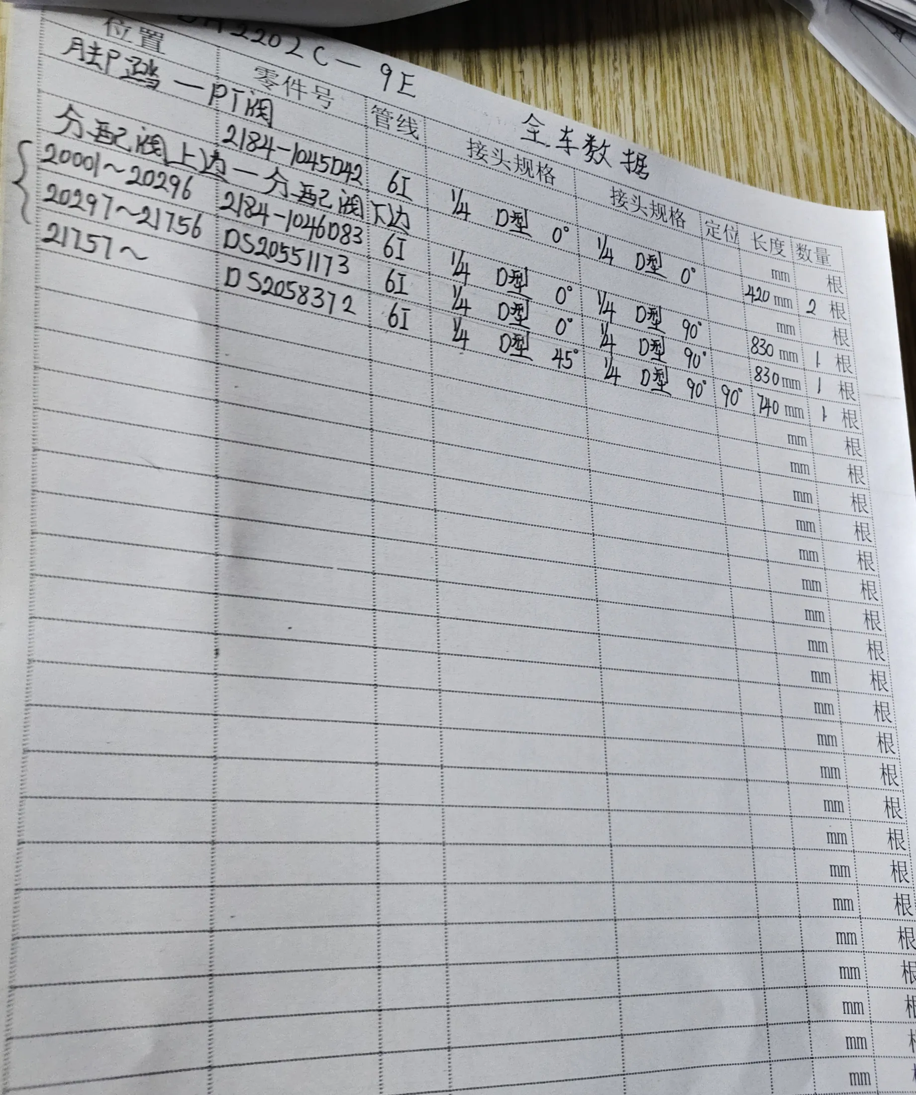 Doosan DH220-9E hydraulic hose part numbers and recorded lengths — technician notebook page 6 of 6