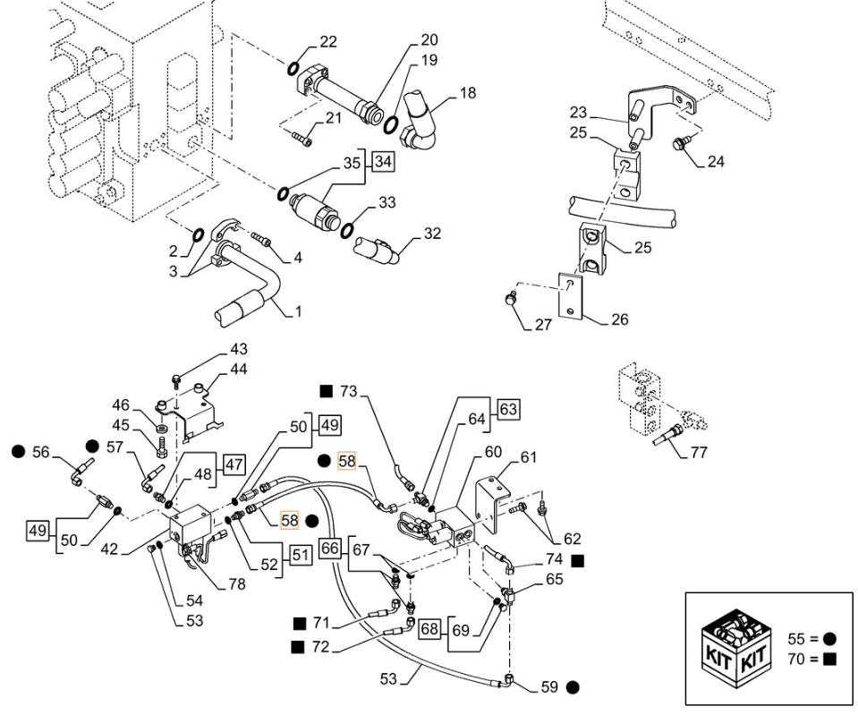 Case CX350C LC installation diagram showing hydraulic hose KHJ2180 at Pipe No. 58