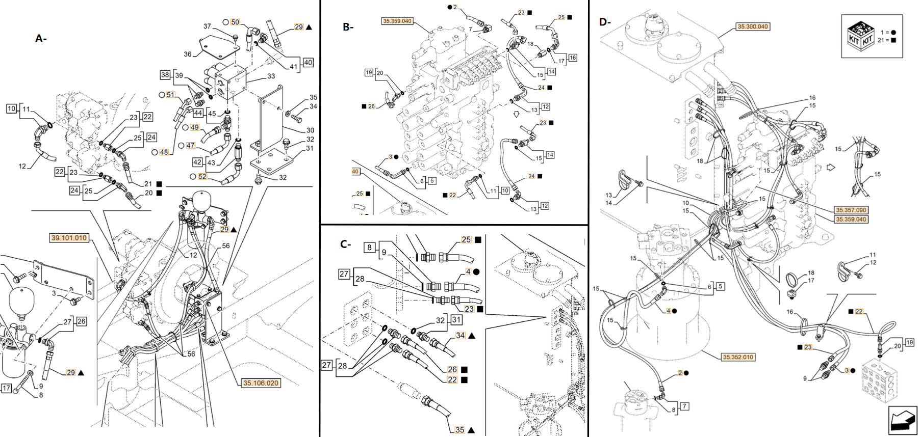 Case CX240E NHD installation diagram showing hydraulic hose KHJ2190 at Pipe No. B24