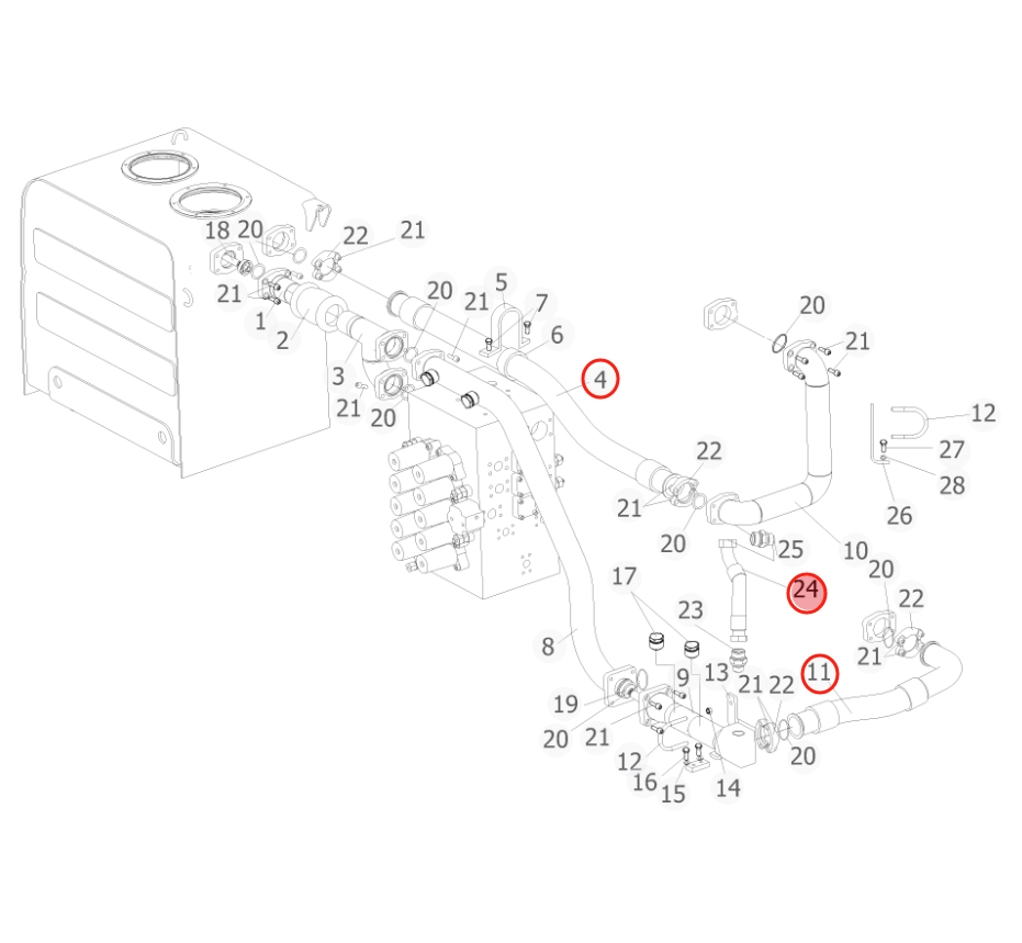 Sunward SWE500ES installation diagram showing hydraulic hose 730501004122 at Pipe No. 4