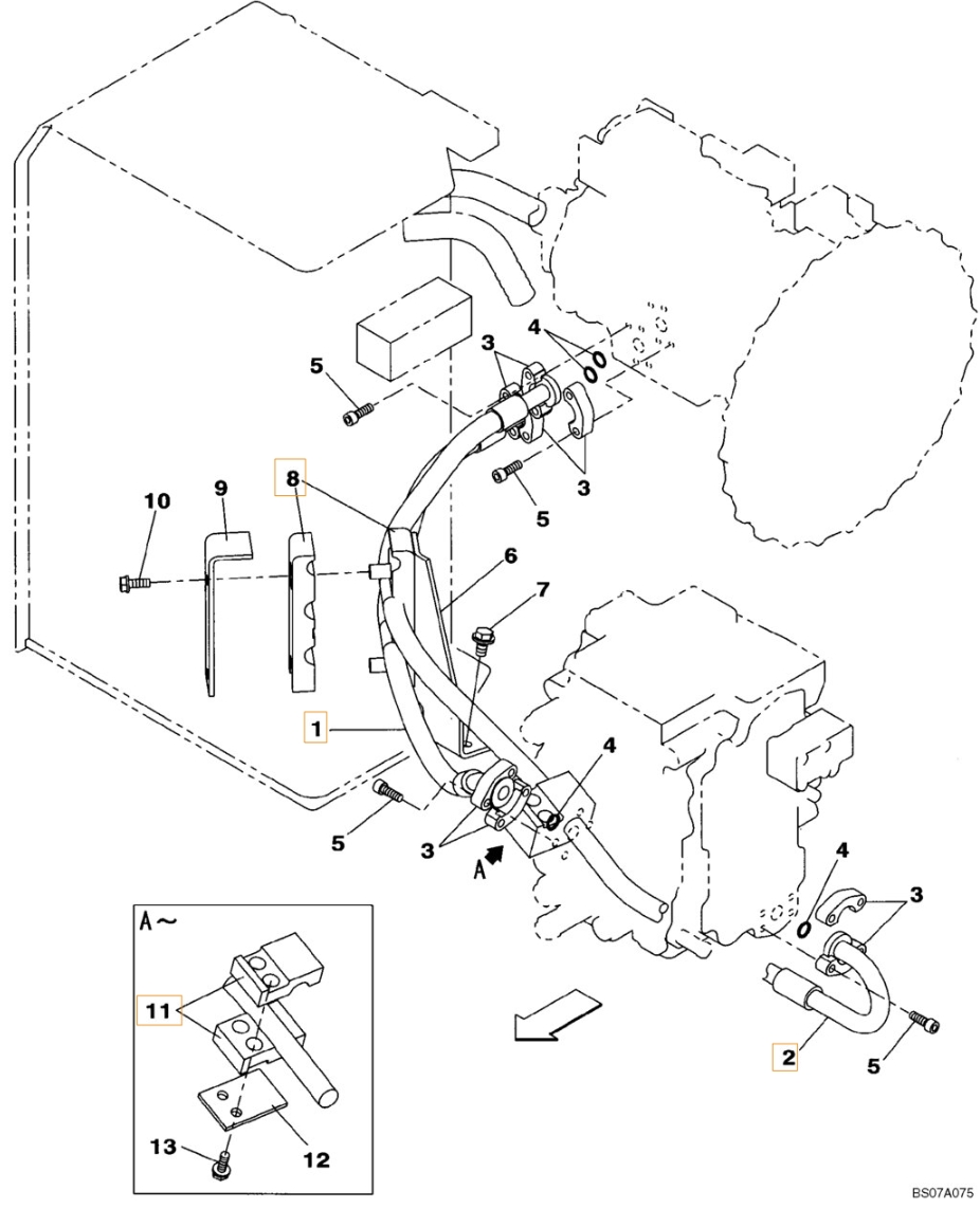 Case CX130B installation diagram showing hydraulic hose KNJ11480 at Pipe No. 1