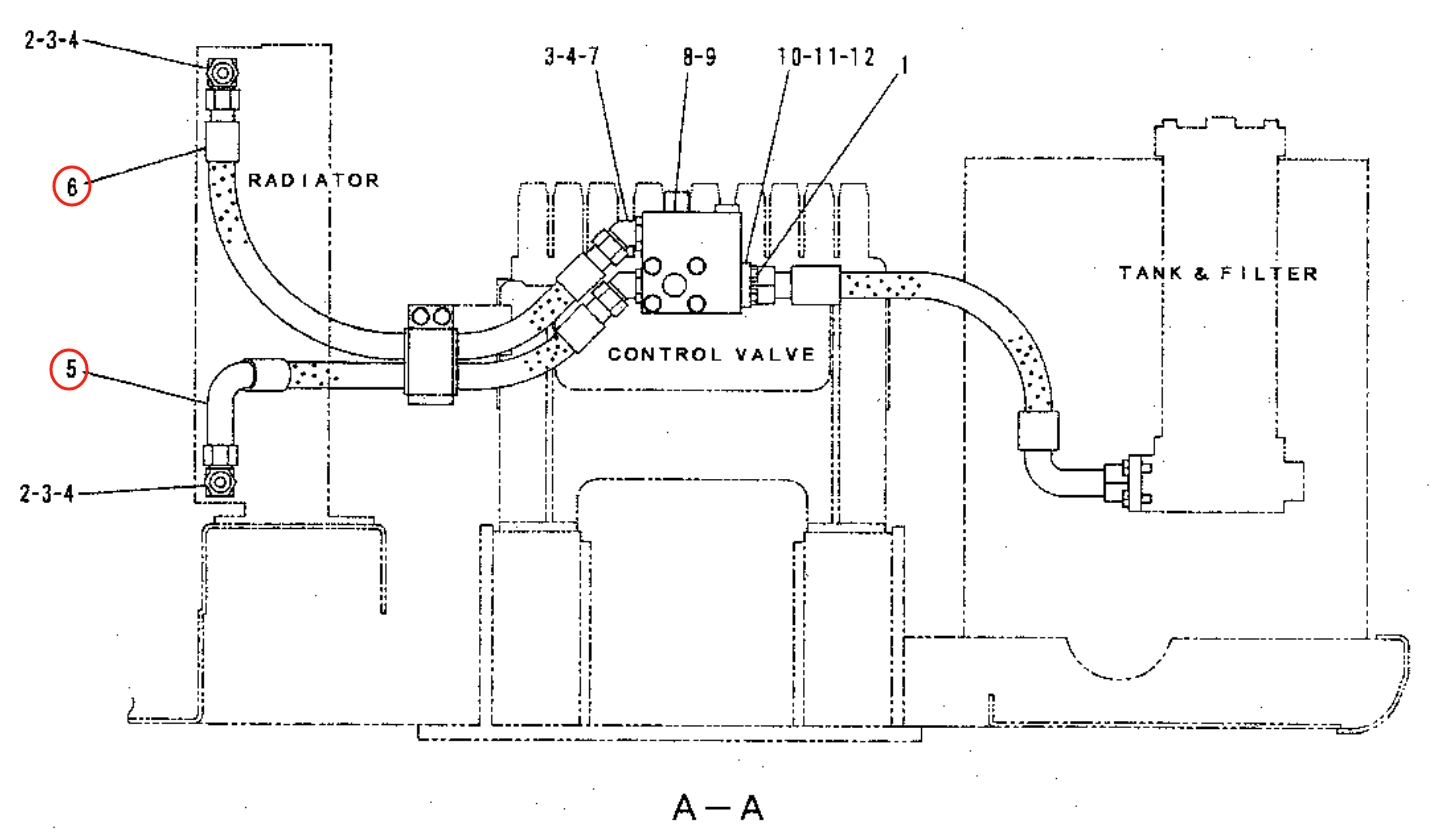 Caterpillar CAT®311B installation diagram showing hydraulic hose 124-1154 at Pipe No. 6