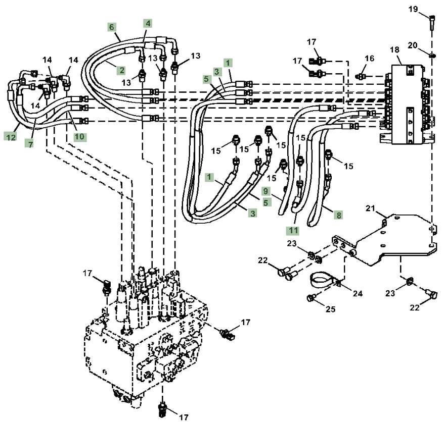 Hitachi ZX130-5N installation diagram showing hydraulic hose 4635243 at Pipe No. 11