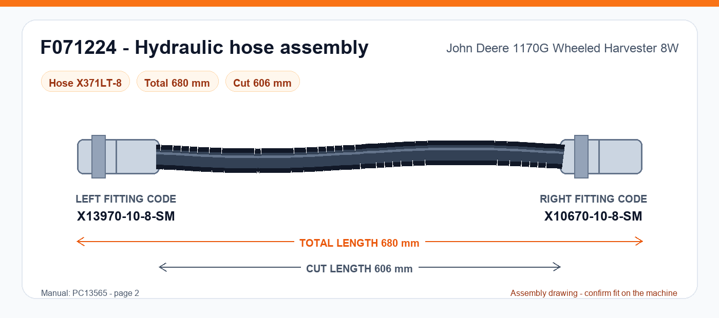 F071224 hydraulic hose assembly drawing for John Deere 1170G Wheeled Harvester 8W - 680 mm total length, left fitting X13970-10-8-SM, right fitting X10670-10-8-SM