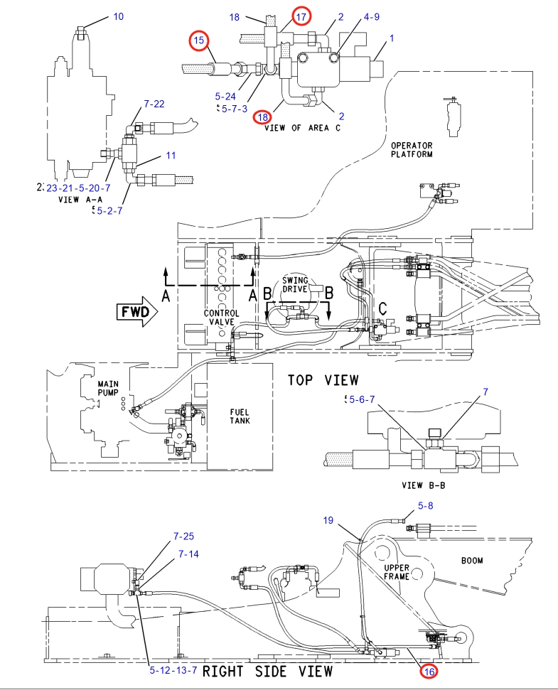 Caterpillar CAT®317B L installation diagram showing hydraulic hose 9U-3430 at Pipe No. 15