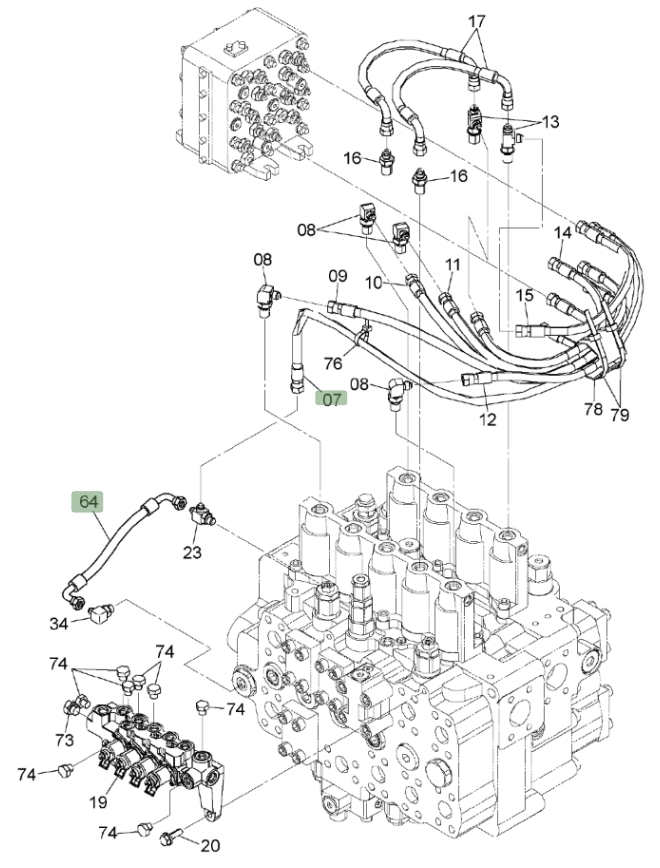 Hitachi ZX450LC-3 installation diagram showing hydraulic hose 4627868 at Pipe No. 64