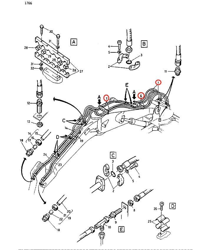 Caterpillar CAT®212 installation diagram showing hydraulic hose 5W-6860 at Pipe No. 1