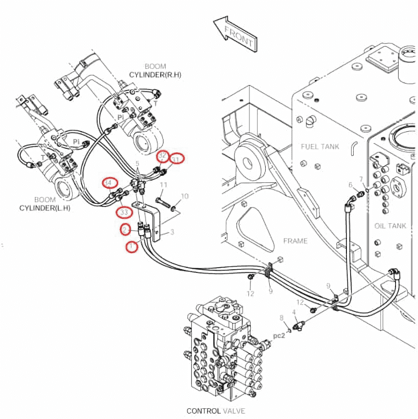 Doosan DX140LC installation diagram showing hydraulic hose DS2093042 at Pipe No. 1