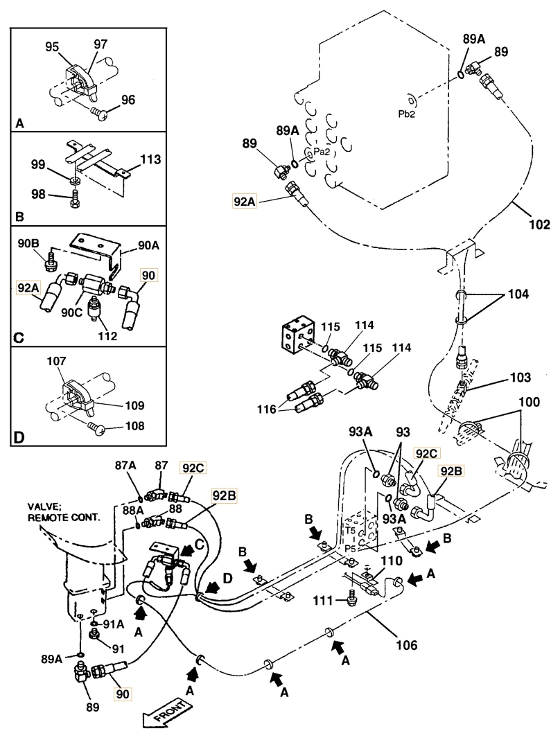 Case CX240 installation diagram showing hydraulic hose 164232A1 at Pipe No. 92A