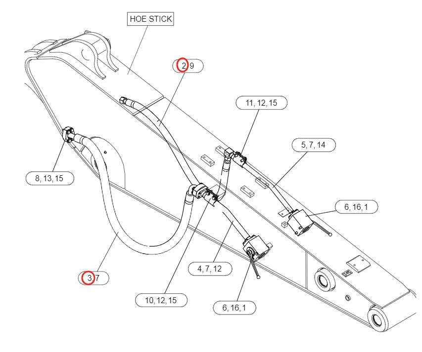 Caterpillar CAT®318E L installation diagram showing hydraulic hose 237-3227 at Pipe No. 2