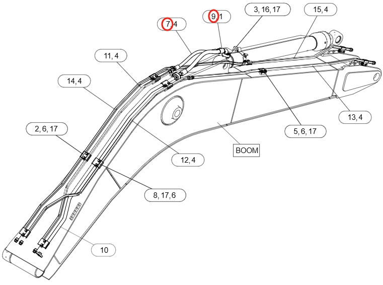 Caterpillar CAT®317 installation diagram showing hydraulic hose 124-1047 at Pipe No. 7