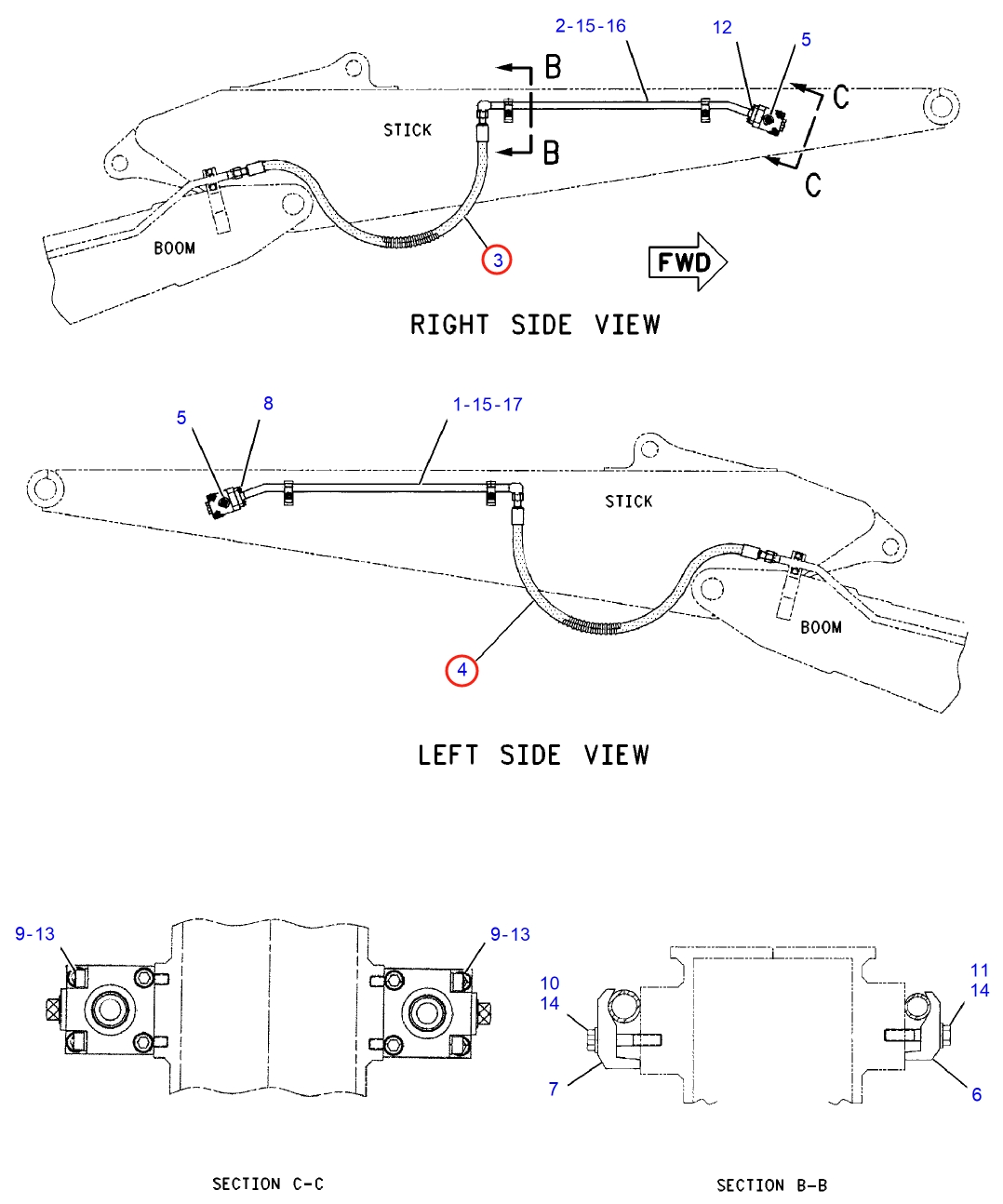 Caterpillar CAT®312C L installation diagram showing hydraulic hose 146-1321 at Pipe No. 3