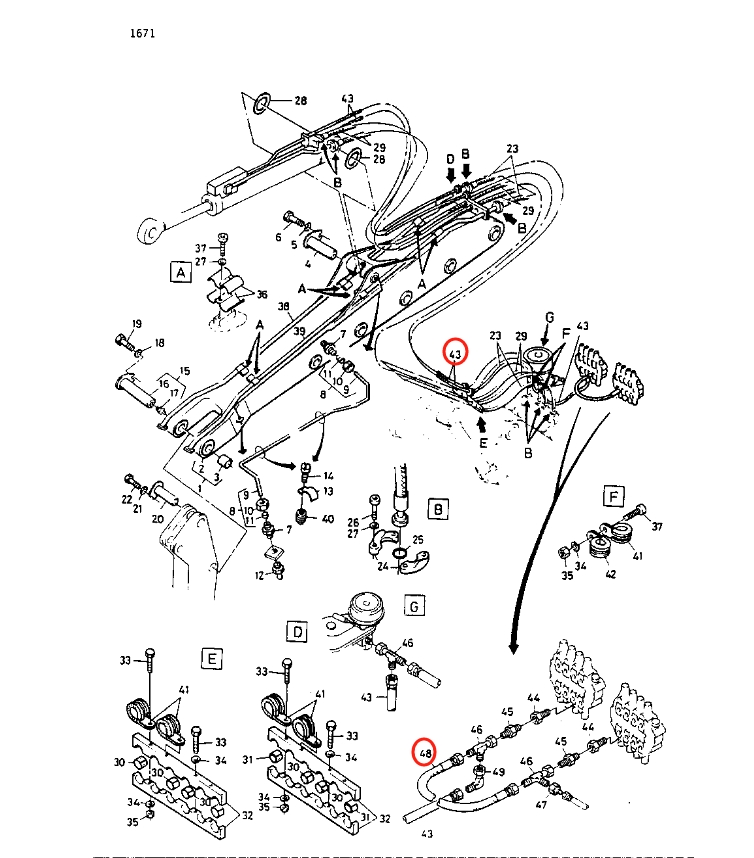 Caterpillar CAT®212 installation diagram showing hydraulic hose 5W-8008 at Pipe No. 43