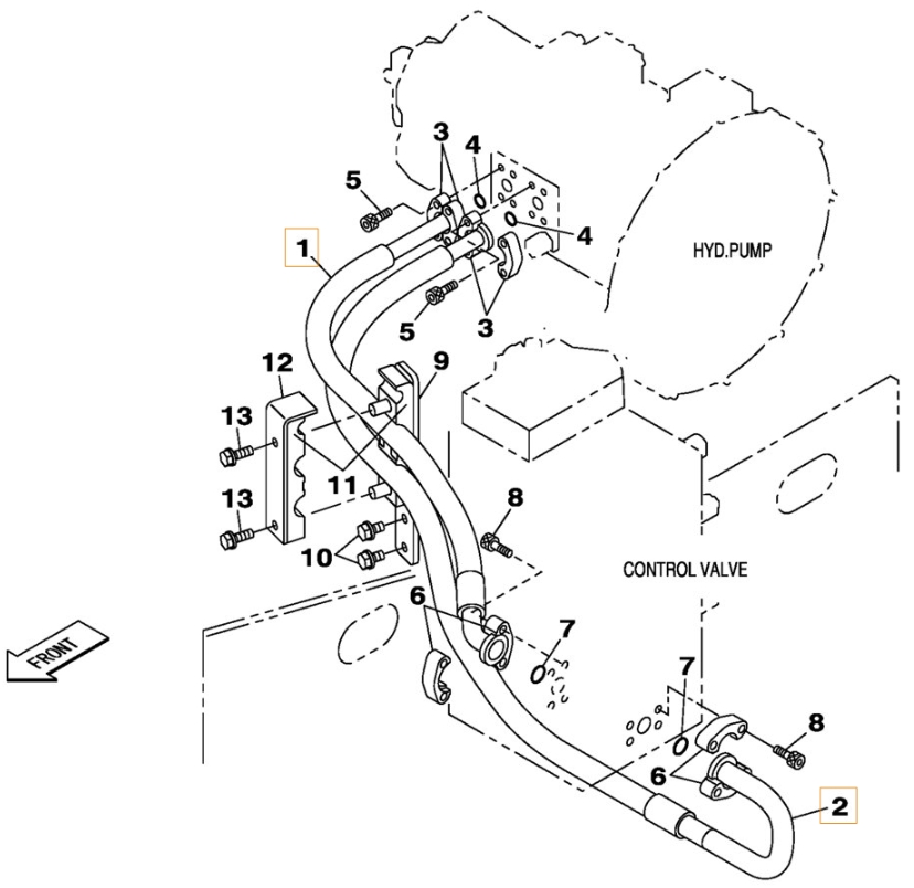 Case CX210C NLC installation diagram showing hydraulic hose KRJ16320 at Pipe No. 1