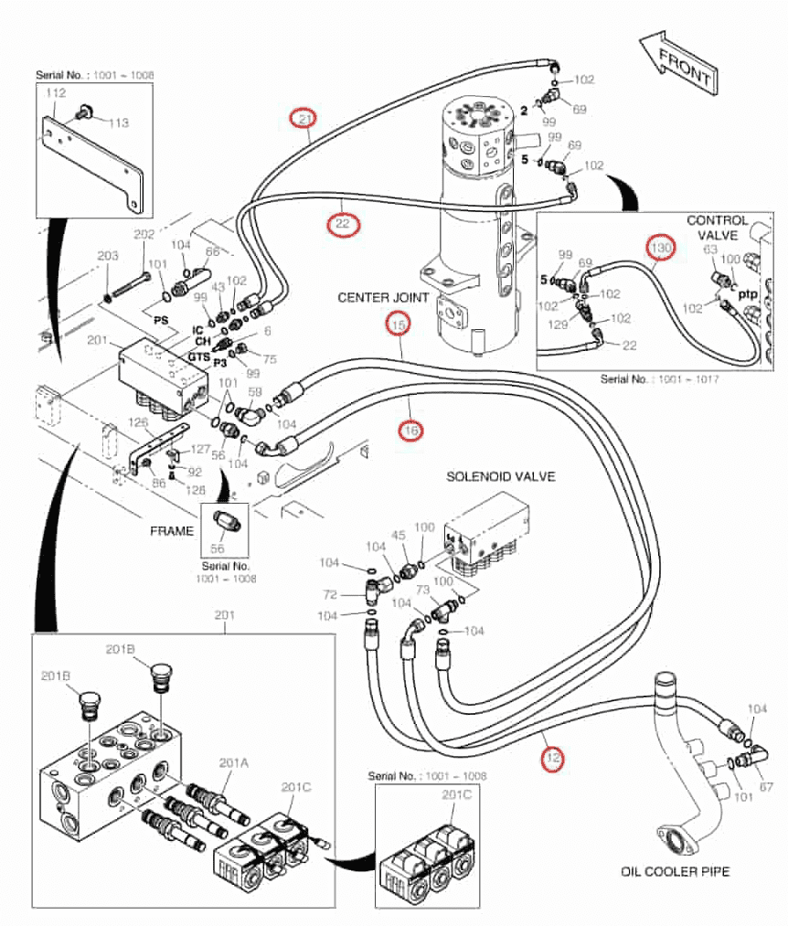 Doosan DX160W-3 installation diagram showing hydraulic hose DS2121101 at Pipe No. 130