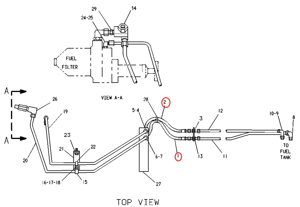 Caterpillar CAT®215D installation diagram showing hydraulic hose 5C-6136 at Pipe No. 1