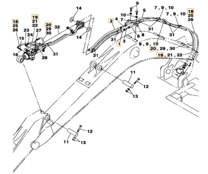 Case CX230 installation diagram showing hydraulic hose KRV2405 at Pipe No. 1