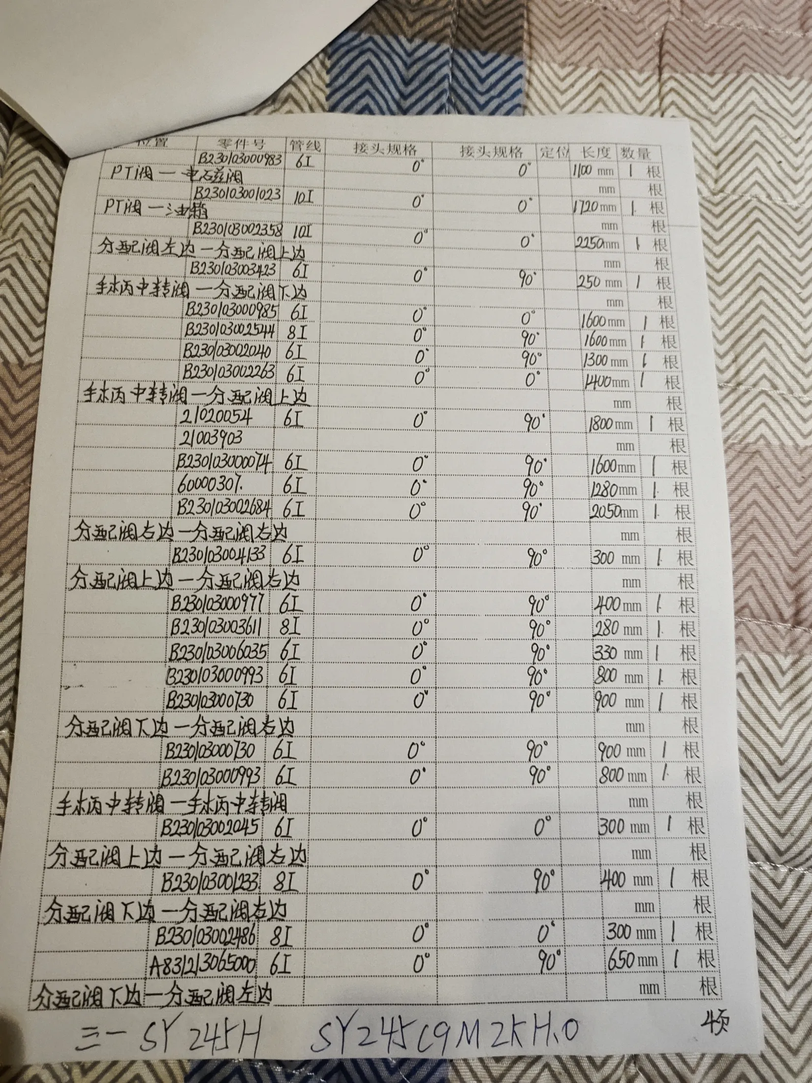 SANY SY245H hydraulic hose part numbers and recorded lengths — technician notebook page 4 of 5 — recorded hose parts A83230650006I, B23003000014, B2300300030