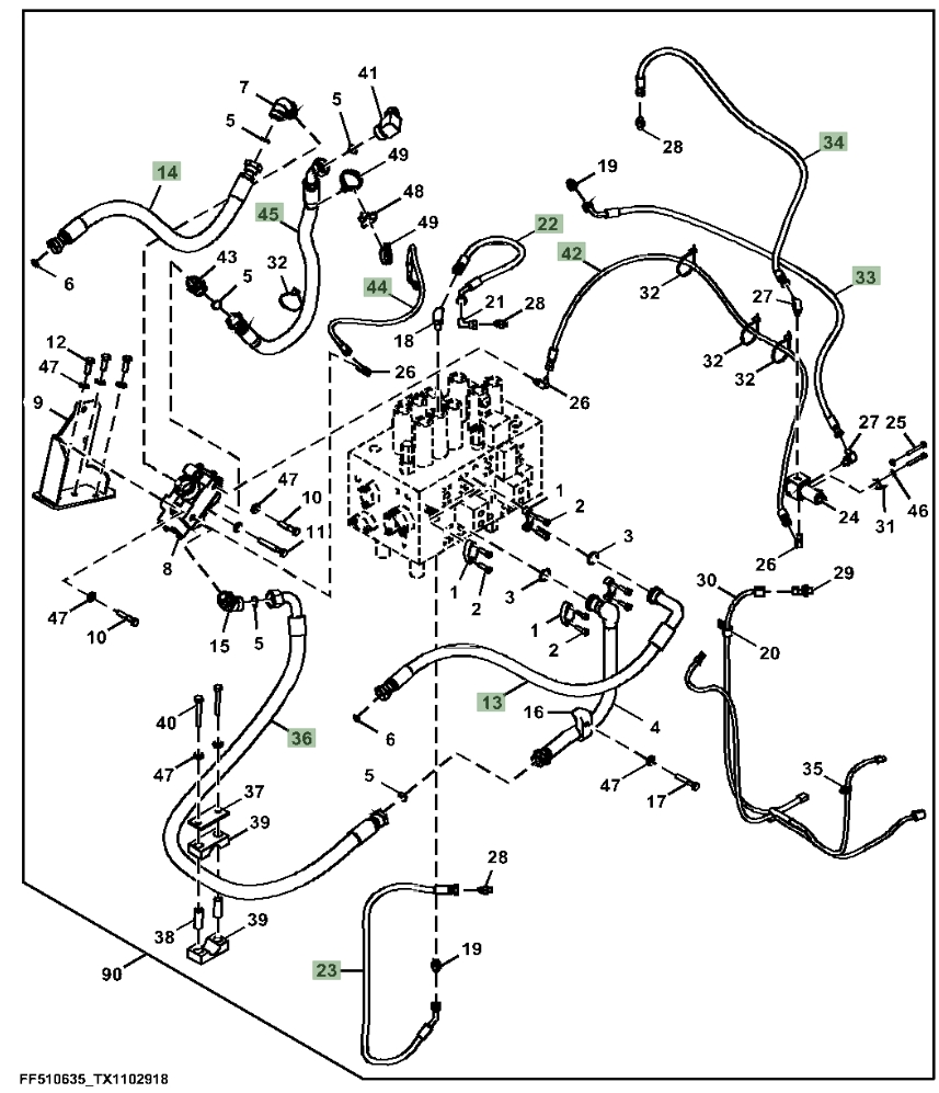 Hitachi ZX180LC-5N installation diagram showing hydraulic hose 4645516 at Pipe No. 42