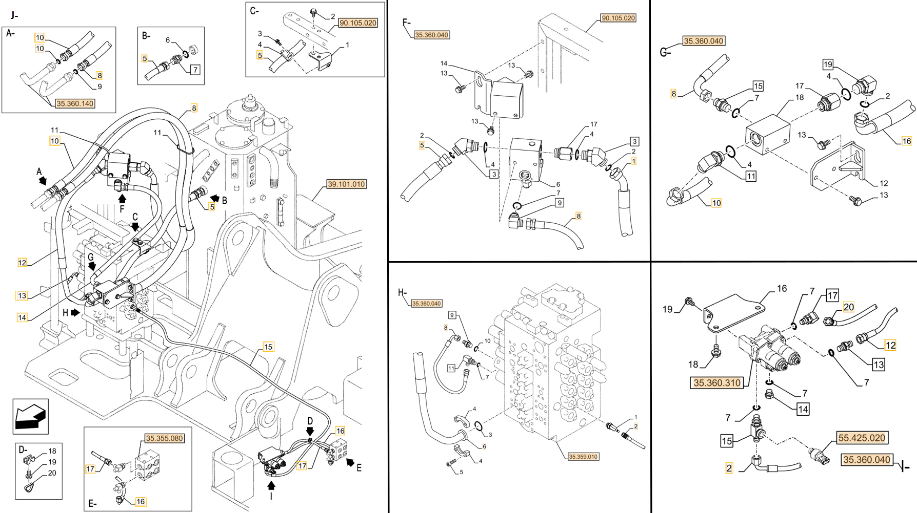 Case CX245D installation diagram showing hydraulic hose KAJ3619 at Pipe No. J14-F8-G8