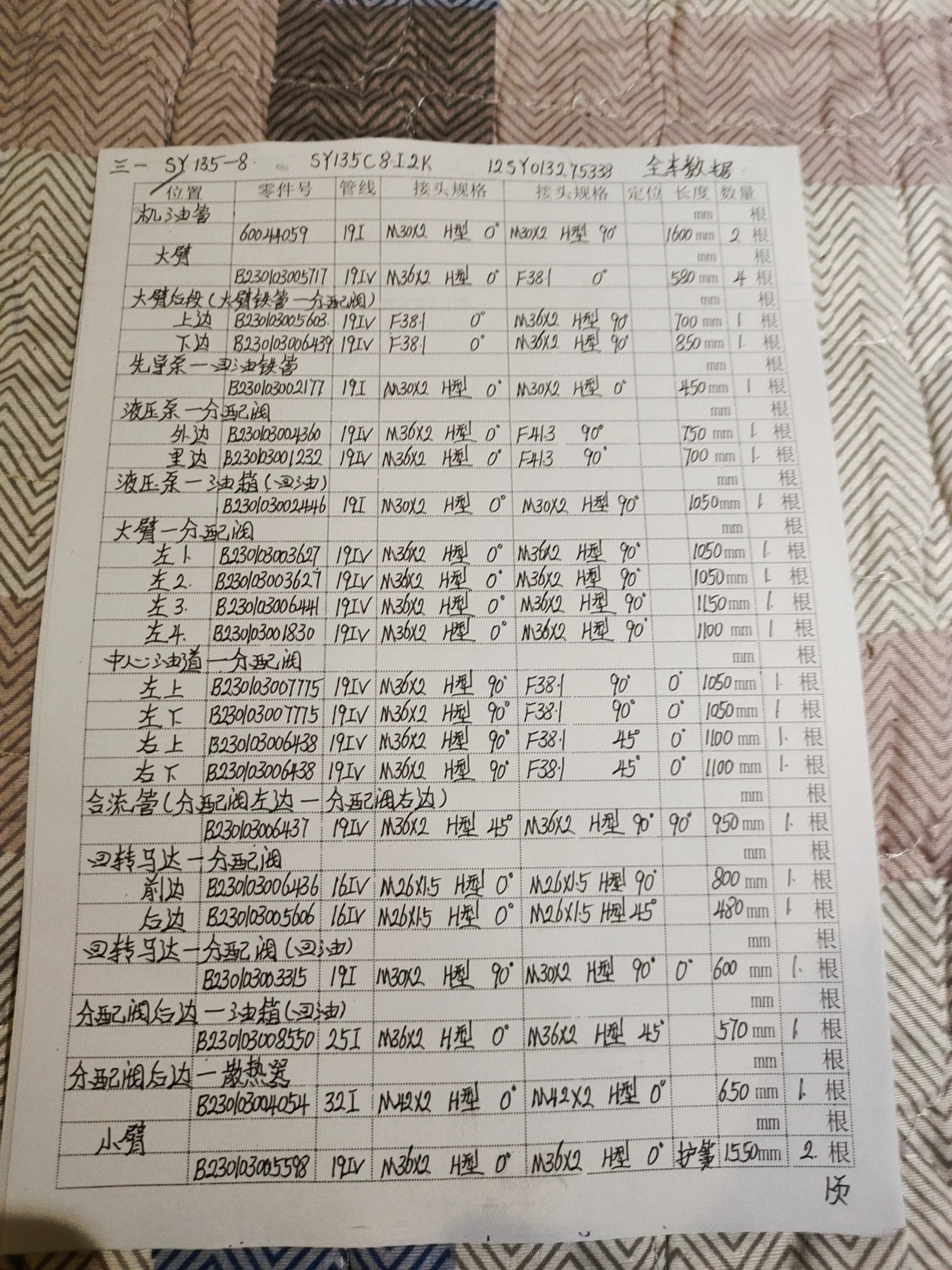 SANY SY135-8 hydraulic hose part numbers and recorded lengths — technician notebook page 1 of 4 — recorded hose parts 41-3B230103004360, B23003002446, B2300300517