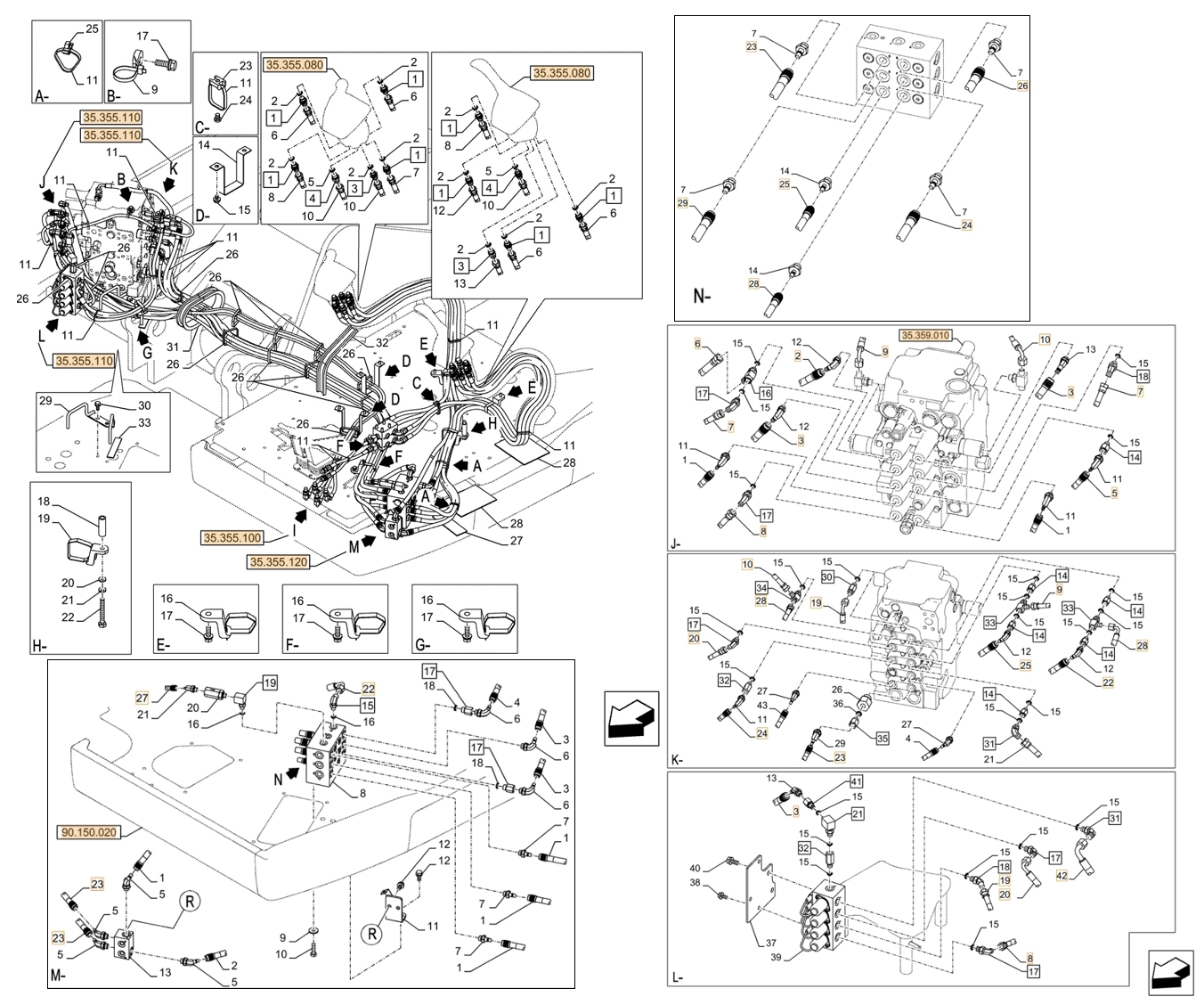 Case CX145D SR LC installation diagram showing hydraulic hose KHJ2085 at Pipe No. K20-L20