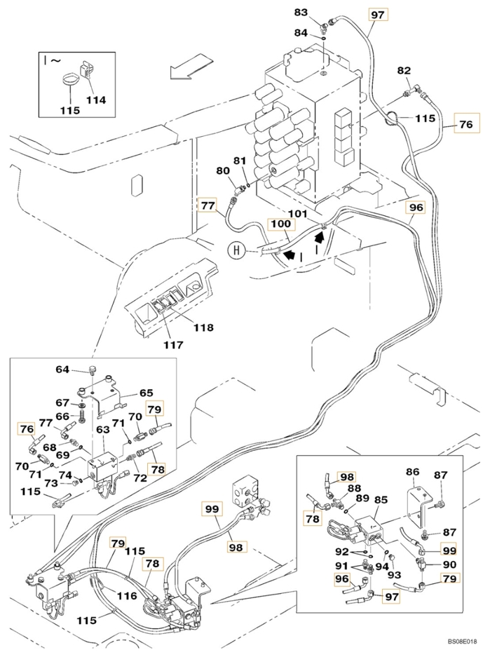 Case CX350B installation diagram showing hydraulic hose KHJ2194 at Pipe No. 79
